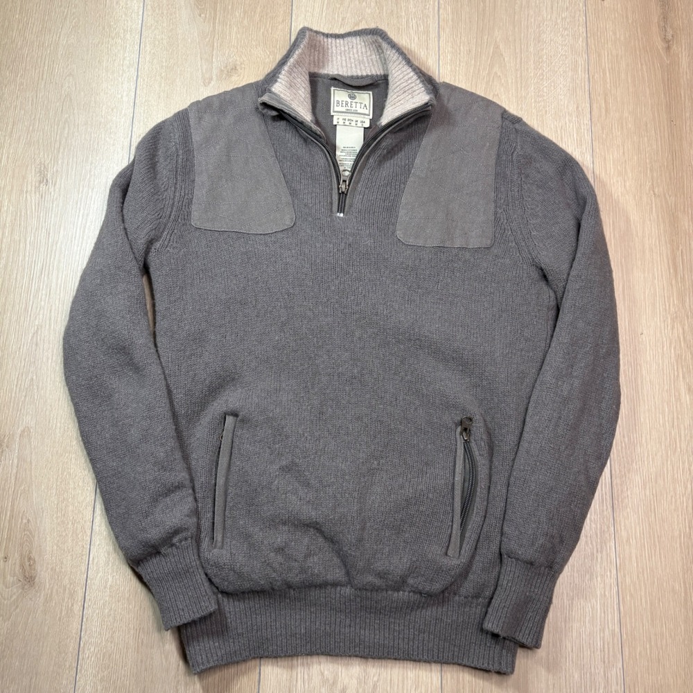 Beretta Mens Lambswool Quarter Zip Shooting Sweater Gray Small Quilted Patches